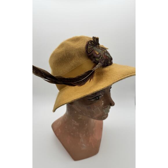 Melosoie Henry Pollak Yellow 100% Wool Hat with Ribbon Band Feather 10” Derby 7 - Picture 2 of 9